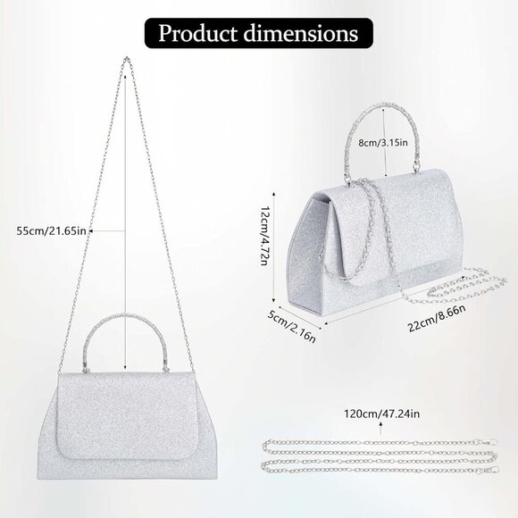 🆕Women’s Silver Glitter Evening Handbag Top Handle Purse w/ Chain Crossbody Bag - Picture 4 of 7